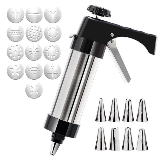 Silver and Black Stainless Steel Cookie Press Gun Kit - Biscuit Maker & Icing Decorating Set with 13 Discs & 8 Nozzles