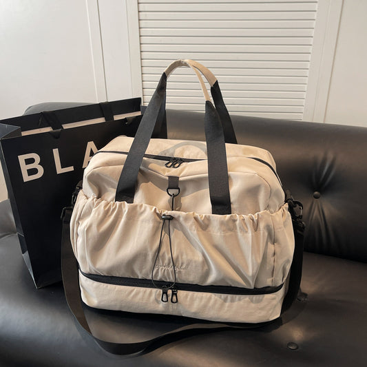 Beige and Black Large Capacity Travel Bag with Wet/Dry Separation - Canvas + Polyester, Lightweight Handbag for Short Trips and Fitness, Fits on Luggage