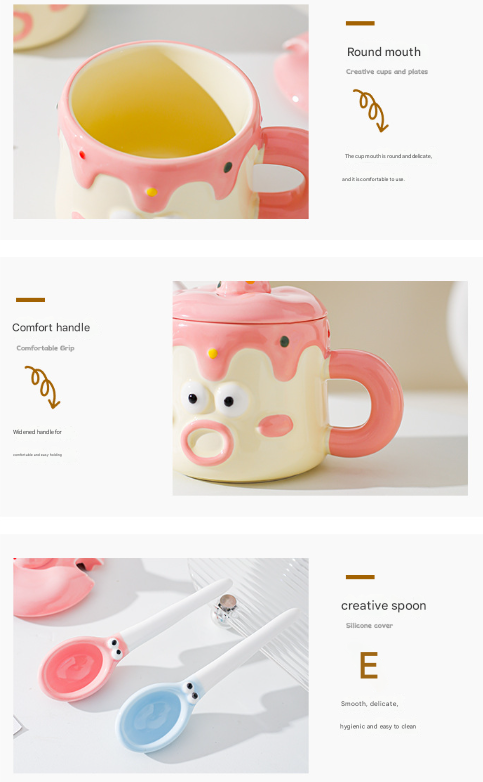 Pink Adorable Cartoon Character Ceramic Mug Set - 420ml with Fun Cake Design Lid & Matching Spoon - Perfect Gift