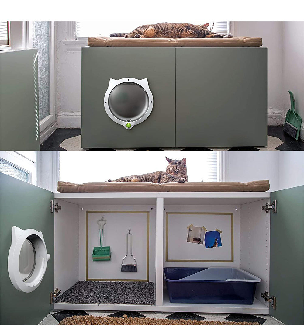 White 4-Way Locking Cat Flap Door - Pet Entry Portal for Interior Doors, Walls & Cabinets