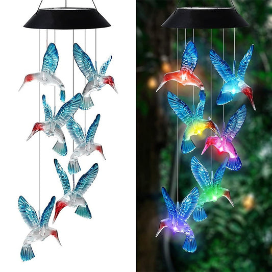Blue Solar Powered Hummingbird Wind Chime(Without bell) - Color-Changing LED Hanging Garden Light Outdoor Decor