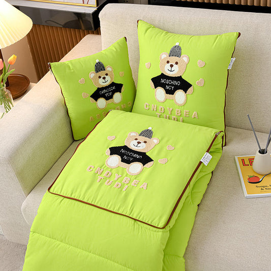 Green Cap Bear 2-in-1 Foldable Car Pillow Blanket - Cozy 40x40cm Pillow, Unfolds to 100x150cm Blanket for Travel and Office Naps