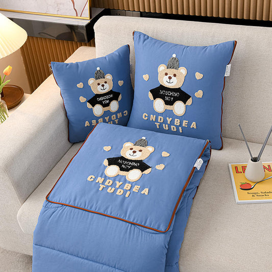 Blue Cap Bear 2-in-1 Foldable Car Pillow Blanket - Cozy 40x40cm Pillow, Unfolds to 100x150cm Blanket for Travel and Office Naps