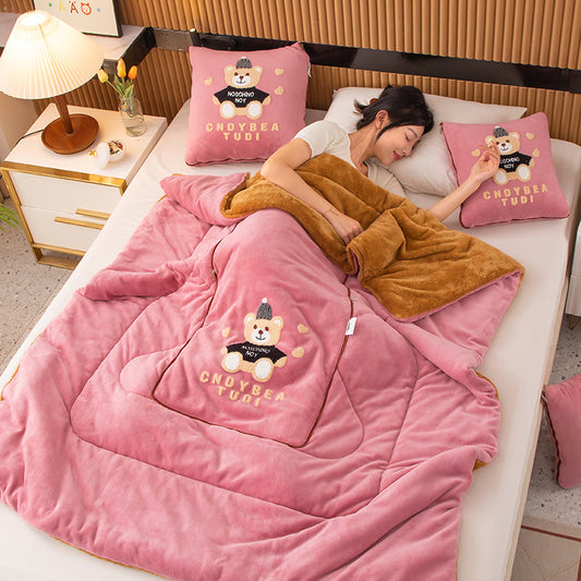 Pink Padded Thickened Hat Bear 2-in-1 Foldable Car Pillow Blanket - Cozy 40x40cm Pillow, Unfolds to 100x150cm Blanket for Travel and Office Naps
