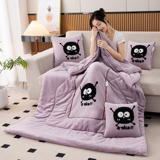 Light Purple Padded and Thickened Elf 2-in-1 Foldable Car Pillow Blanket - Cozy 40x40cm Pillow, Unfolds to 100x150cm Blanket for Travel and Office Naps