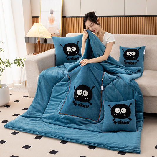 Lake Blue Padded and Thickened Elf 2-in-1 Foldable Car Pillow Blanket - Cozy 40x40cm Pillow, Unfolds to 100x150cm Blanket for Travel and Office Naps