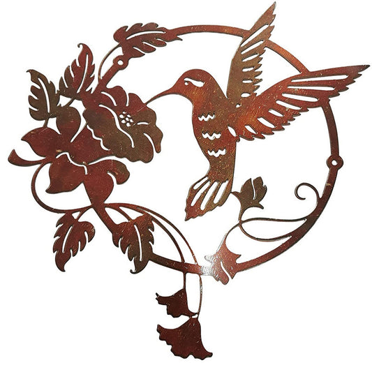 Brown Set of 2 Round Metal Wall Art - Hummingbird & Flower Sculpture for Indoor & Outdoor Decor