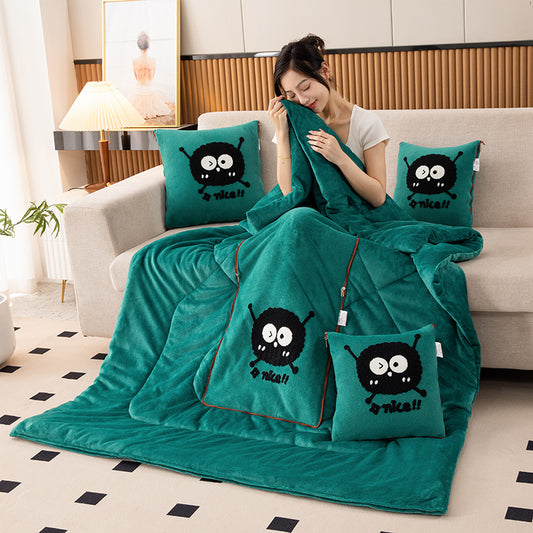 Green Padded and Thickened Elf 2-in-1 Foldable Car Pillow Blanket - Cozy 40x40cm Pillow, Unfolds to 100x150cm Blanket for Travel and Office Naps