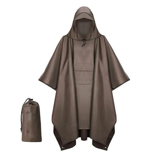 Brown 3-in-1 Waterproof Rain Poncho - Lightweight Hooded Raincoat, Ground Tarp & Emergency Shelter for Hiking, Camping, and Outdoor Survival