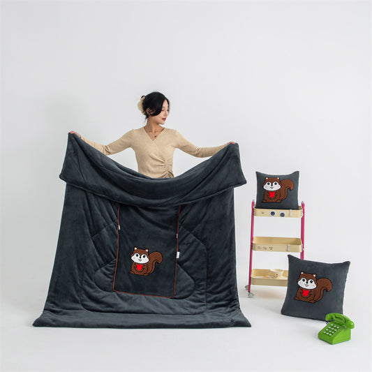 Rock Gray Little Squirrel - 2-in-1 Foldable Car Pillow Blanket - Cozy 40x40cm Pillow, Unfolds to 100x150cm Blanket for Travel and Office Naps