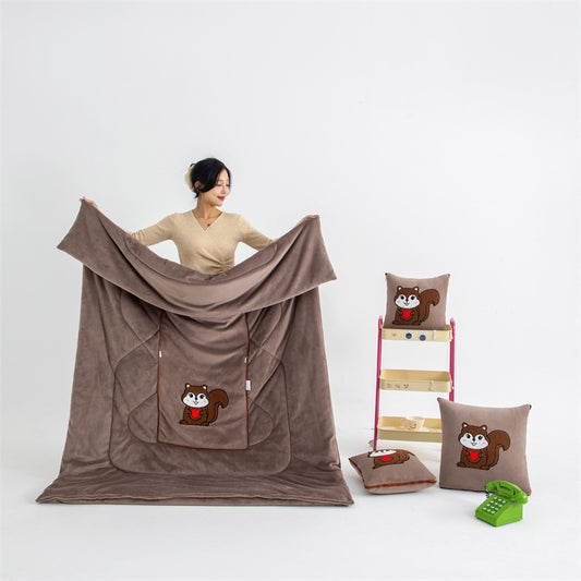 Coffee Brown Little Squirrel - 2-in-1 Foldable Car Pillow Blanket - Cozy 40x40cm Pillow, Unfolds to 100x150cm Blanket for Travel and Office Naps