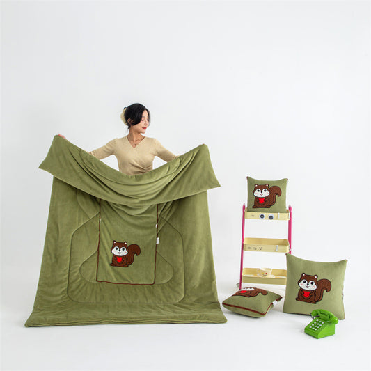Green Little Squirrel - 2-in-1 Foldable Car Pillow Blanket - Cozy 40x40cm Pillow, Unfolds to 100x150cm Blanket for Travel and Office Naps
