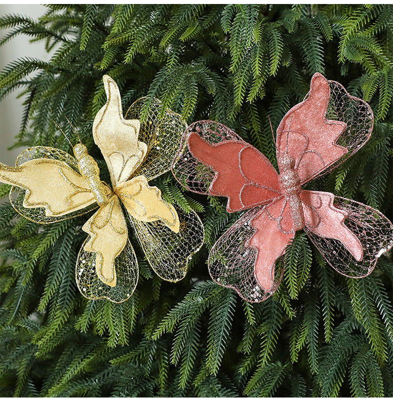 Champagne Gold Large Glitter Butterfly Christmas Ornaments (Set of 2) - Clip-On Decorations for Trees & Wreaths