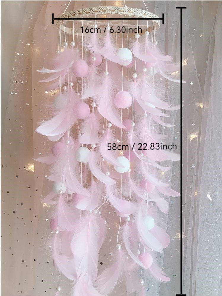Pink Boho Pom Pom Feather Dreamcatcher - Whimsical Hanging Mobile for Girls Bedroom & Nursery Decor