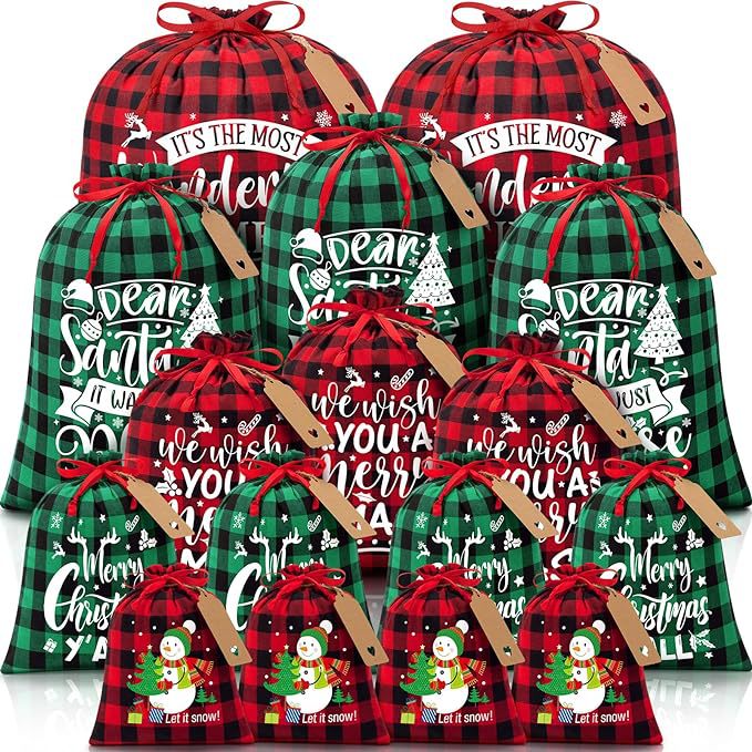 Red flannel Christmas Gift Drawstring Bags Set - Festive Burlap Style Pouches for Candy & Apples - Holiday Decoration - 10 Pcs
