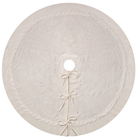 White Luxury Knit Christmas Tree Skirt with Cable-Knit Border - Rustic Holiday Decor(122cm)