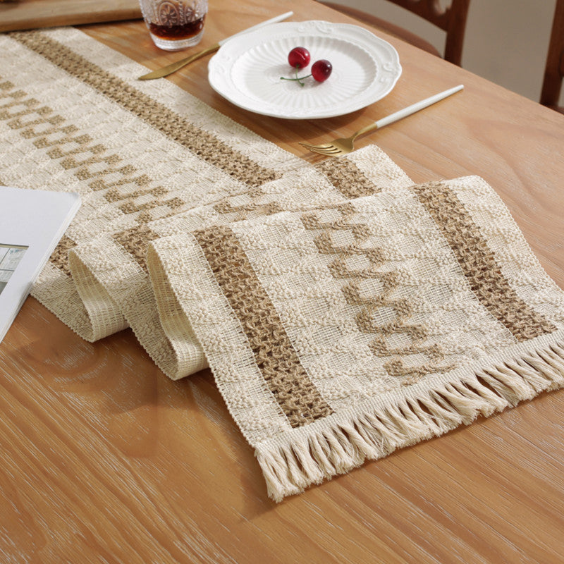 2-PCS White Bohemian Woven Table Runner with Tassels - Rustic Farmhouse Decor for Dining & Coffee Tables