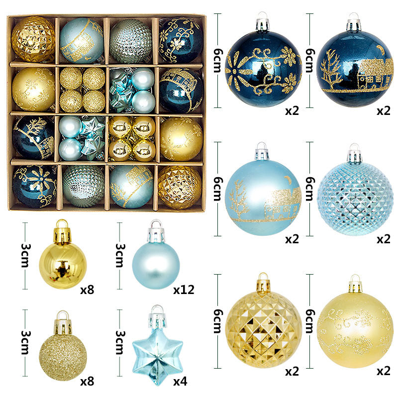 Blue and gold 44-Piece Assorted Christmas Baubles Set with Elegant Designs in Wooden Gift Box - 3-6cm Decorative Ornaments for Tree, Home & Holiday Display