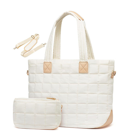 Lightweight Quilted Tote Bag for Women - Fits 15.6 Laptop Water-Resistant with Clutch & Luggage Strap(White)"