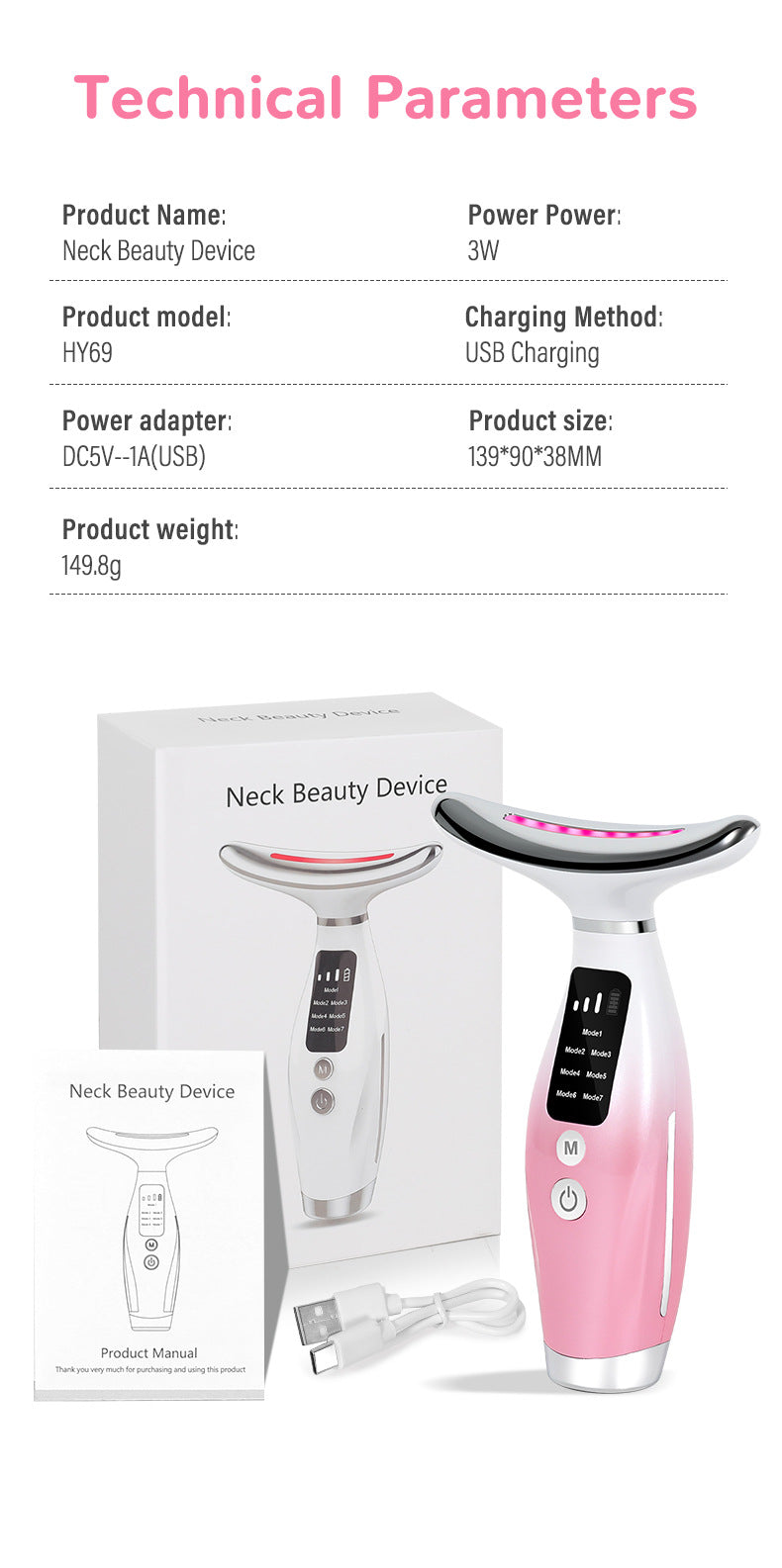Advanced Multi-Function Skincare Device - 7 LED Lights, Microcurrent & Warming Massage for Face & Neck(pink)