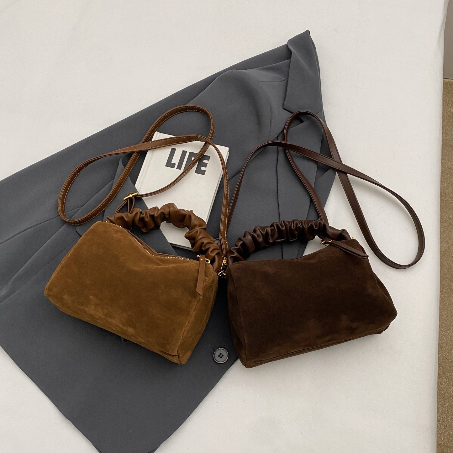 Brown Chic Ruched Handle Crossbody Bag - Womens Faux Suede Top Handle Handbag with Detachable Strap