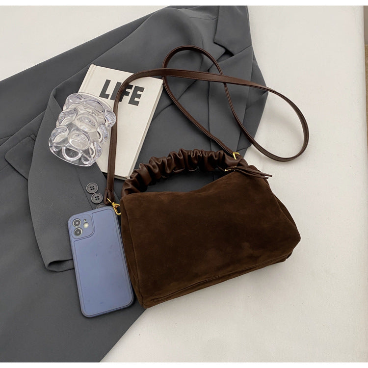 Brown Chic Ruched Handle Crossbody Bag - Womens Faux Suede Top Handle Handbag with Detachable Strap