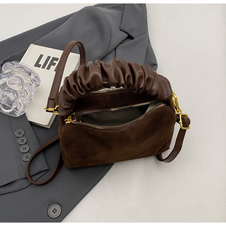 Brown Chic Ruched Handle Crossbody Bag - Womens Faux Suede Top Handle Handbag with Detachable Strap