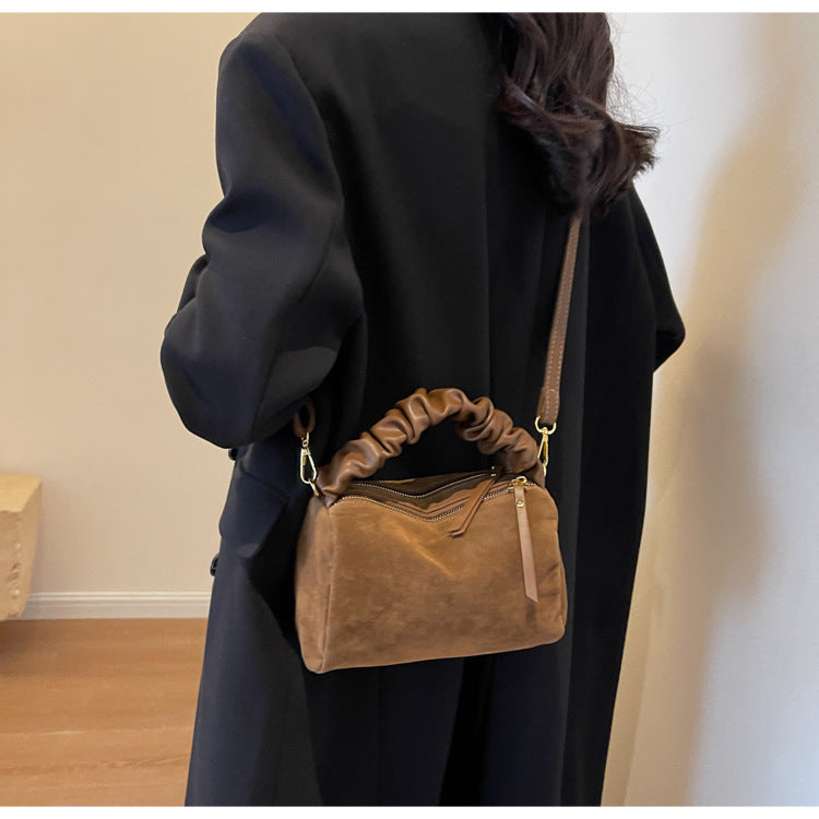 Brown Chic Ruched Handle Crossbody Bag - Womens Faux Suede Top Handle Handbag with Detachable Strap