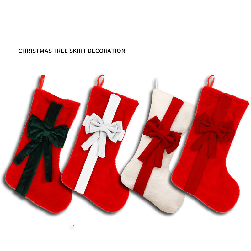 2 Pcs Red Stitching Red Bow Luxurious Velvet Christmas Stocking with Elegant Bow - Large 45cm Holiday Mantel Decoration