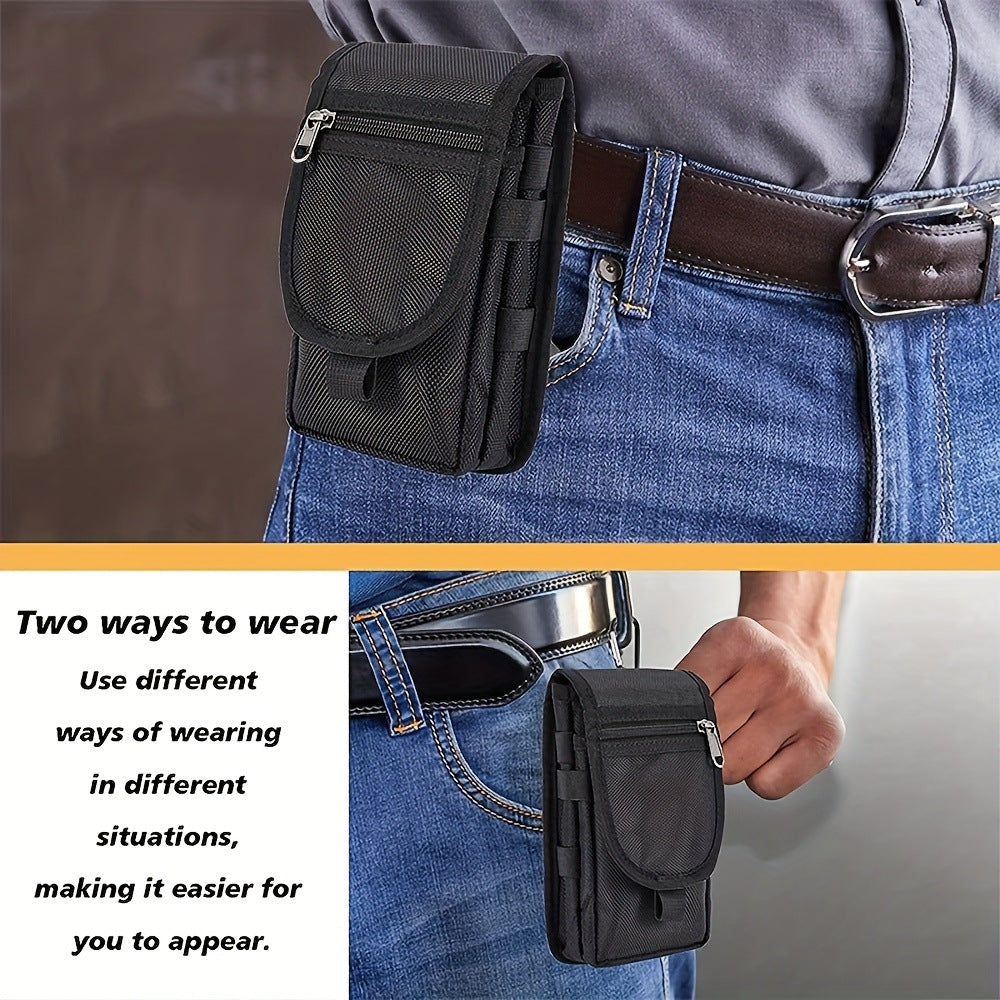 Black Heavy-Duty Tactical Phone Pouch - Multi-Pocket Belt Holster & Utility Waist Bag for Outdoor Work and EDC