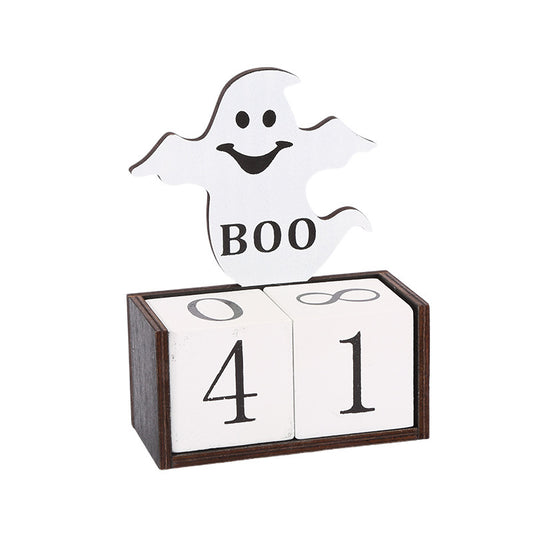 White Ghost Shape Festive Halloween Countdown Blocks - Reusable Wooden Perpetual Calendar for Desk Decor