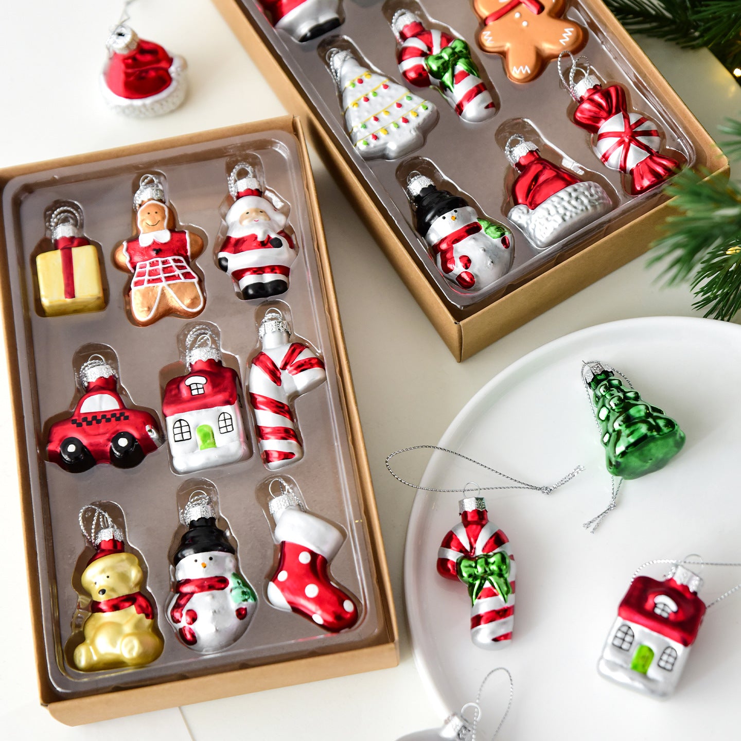 Style A Colorful Charming Miniature Glass Christmas Ornament Set - 9pc Classic Holiday Figures