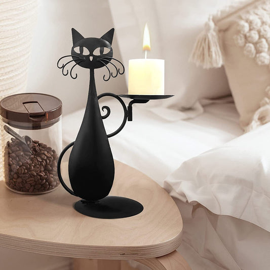 Vintage Black Cat Metal Candle Holder - Rustic Farmhouse Home Decor Candlestick Ornament