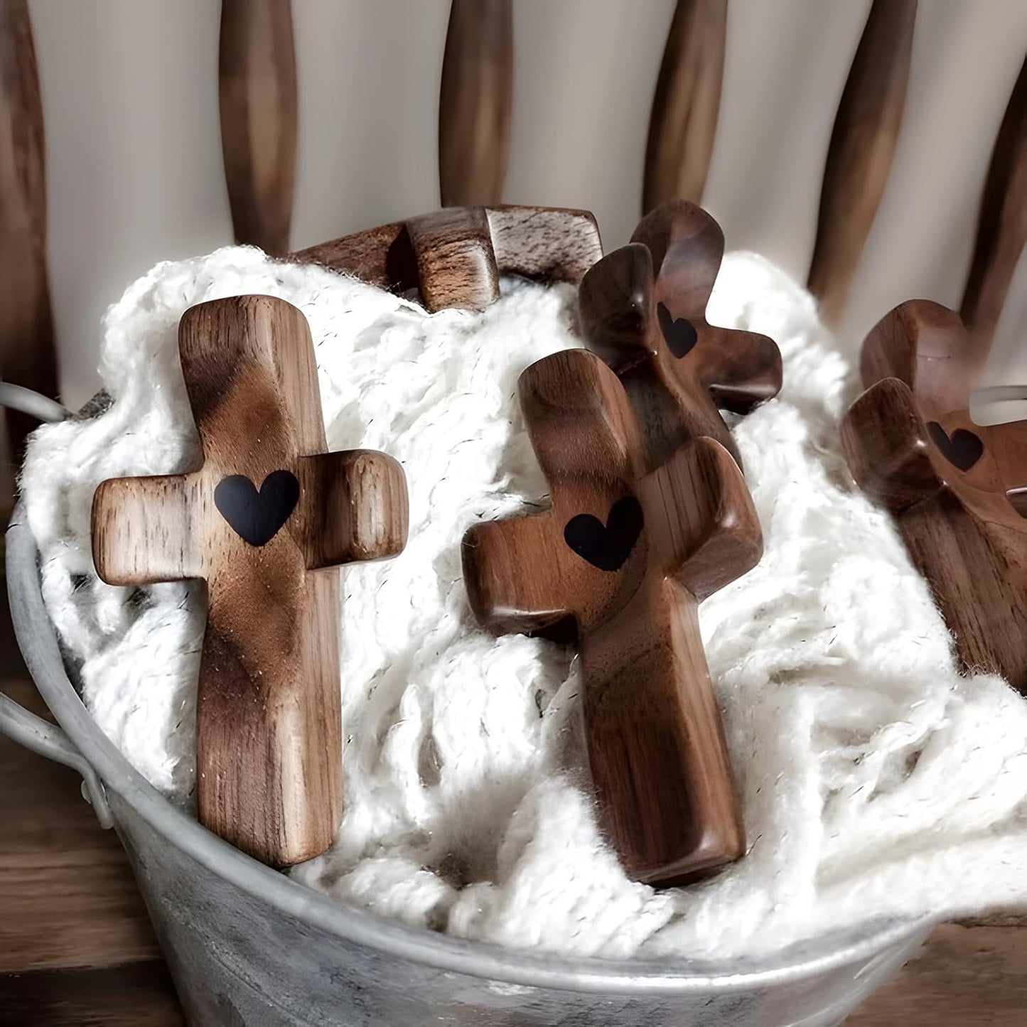 Set of 5 White Peachwood Heart Cross – Multi-functional Spiritual Symbols for Home and Office, Religious, Ornaments Mini