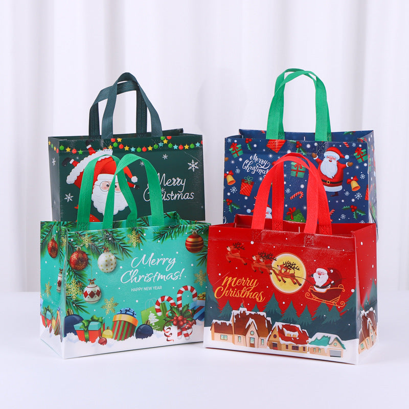 8-Pack Christmas Red Non-Woven Tote Bags(32 x 25 x 17 CM) with Film Coating - Reindeer Sleigh Design Holiday Reusable Gift Carrier Bags