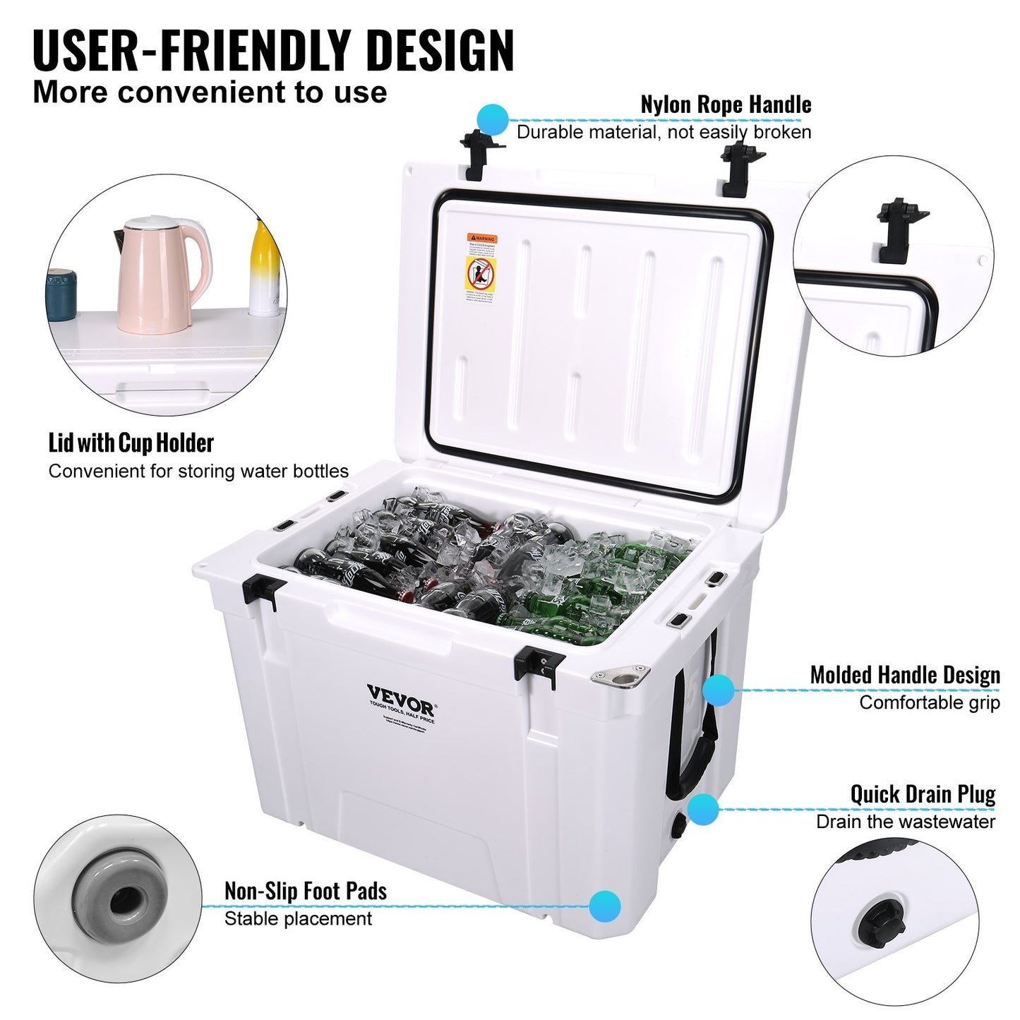 VEVOR Insulated Portable Cooler, 65 qt, Holds 65 Cans, Ice Retention Hard Cooler with Heavy Duty Handle, Ice Chest Lunch Box for Camping, Beach, Picnic, Travel, Outdoor, Keeps Ice for up to 6 Days