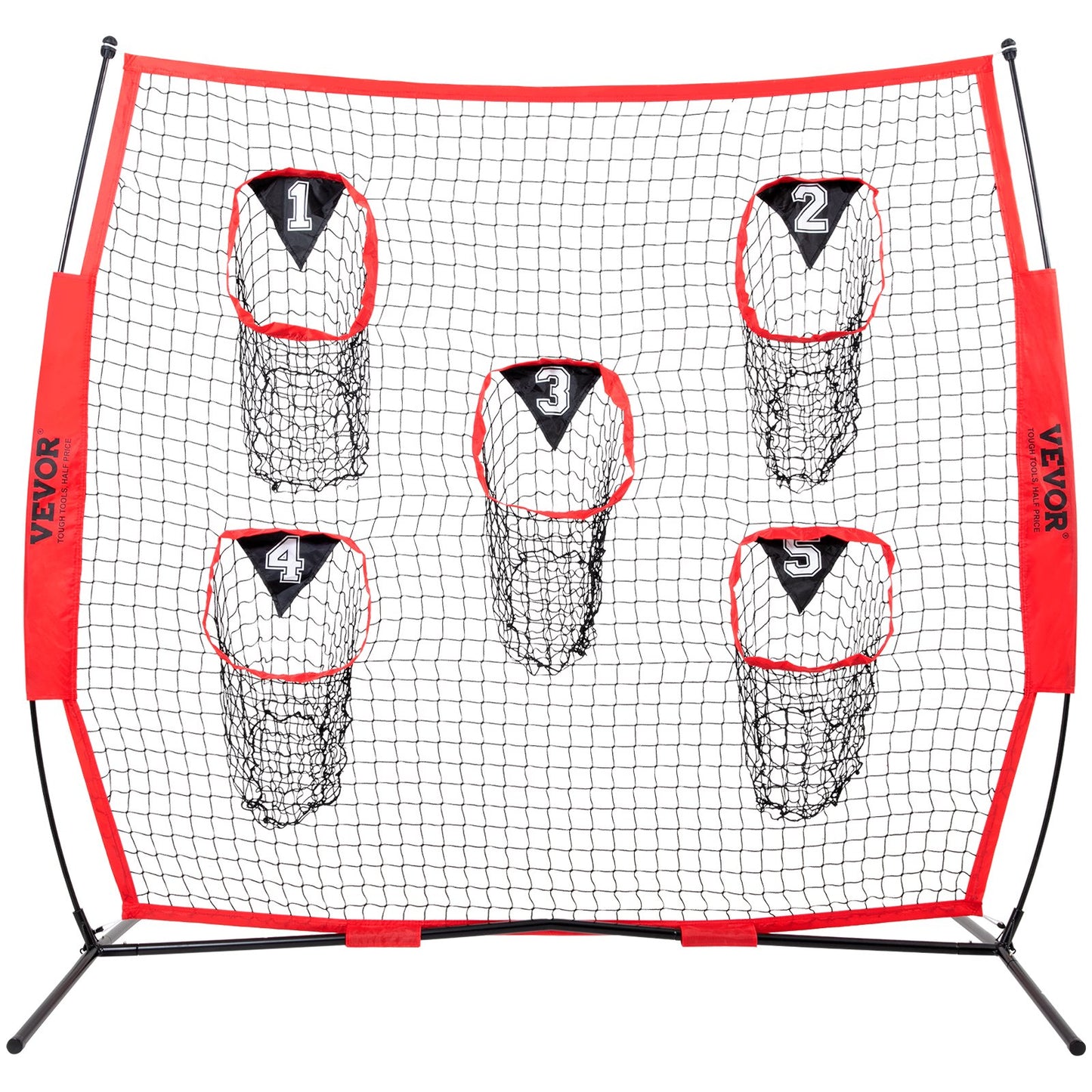 VEVOR 8 x 8 ft Football Trainer Throwing Net, Training Throwing Target Practice Net with 5 Target Pockets, Knotless Net Includes Bow Frame and Portable Carry Case, Improve QB Throwing Accuracy, Red