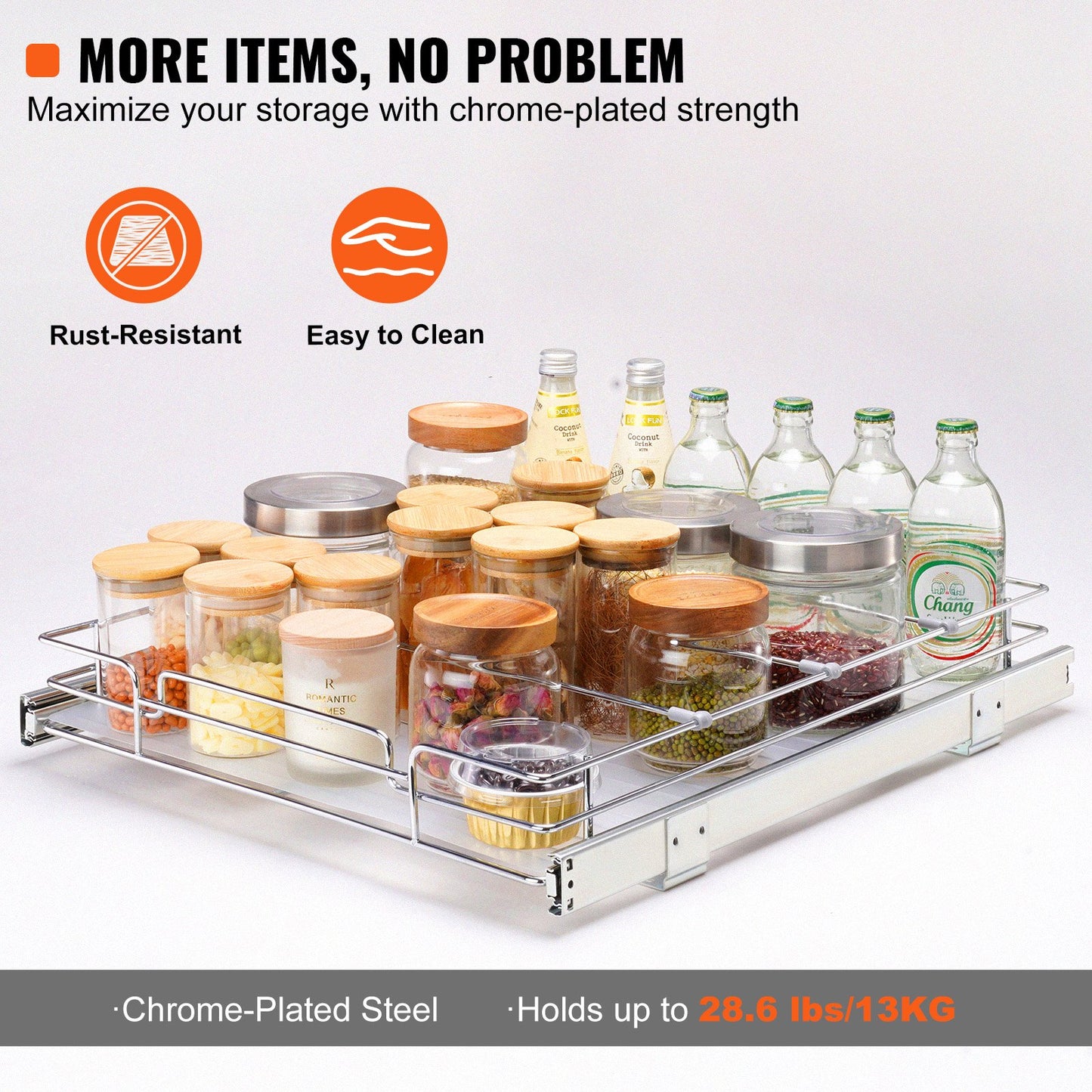 VEVOR 34x53 cm Pull Out Cabinet Organizer, Heavy Duty Slide Out Pantry Shelves, Chrome-Plated Steel Roll Out Drawers, Sliding Drawer Storage for Home, Inside Kitchen Cabinet, Bathroom, Under Sink