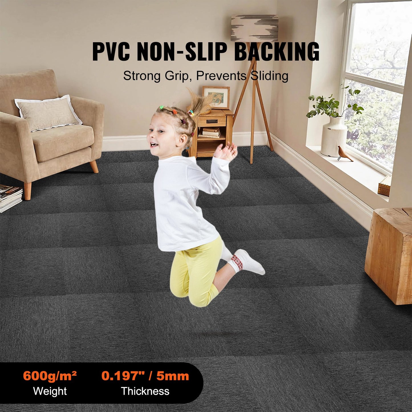 VEVOR Carpet Tiles Reusable, 20"x 20" Carpet Squares With Padding Attached, Soft Padded Carpet Tiles, Easy Install DIY for Bedroom Living Room Indoor Outdoor (20 Tiles, Dark Gray)