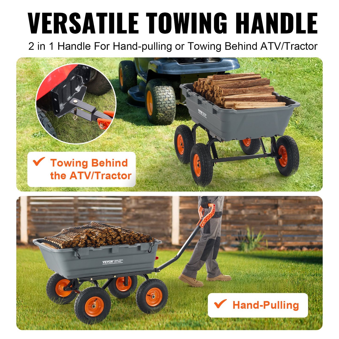 VEVOR Dump Cart, Poly Garden Dump Cart with Easy to Assemble Steel Frame, Dump Wagon with 2-in-1 Convertible Handle, Utility Wheelbarrow 544kg/ 1200lbs Capacity, 33cm/ 13 inch Tires