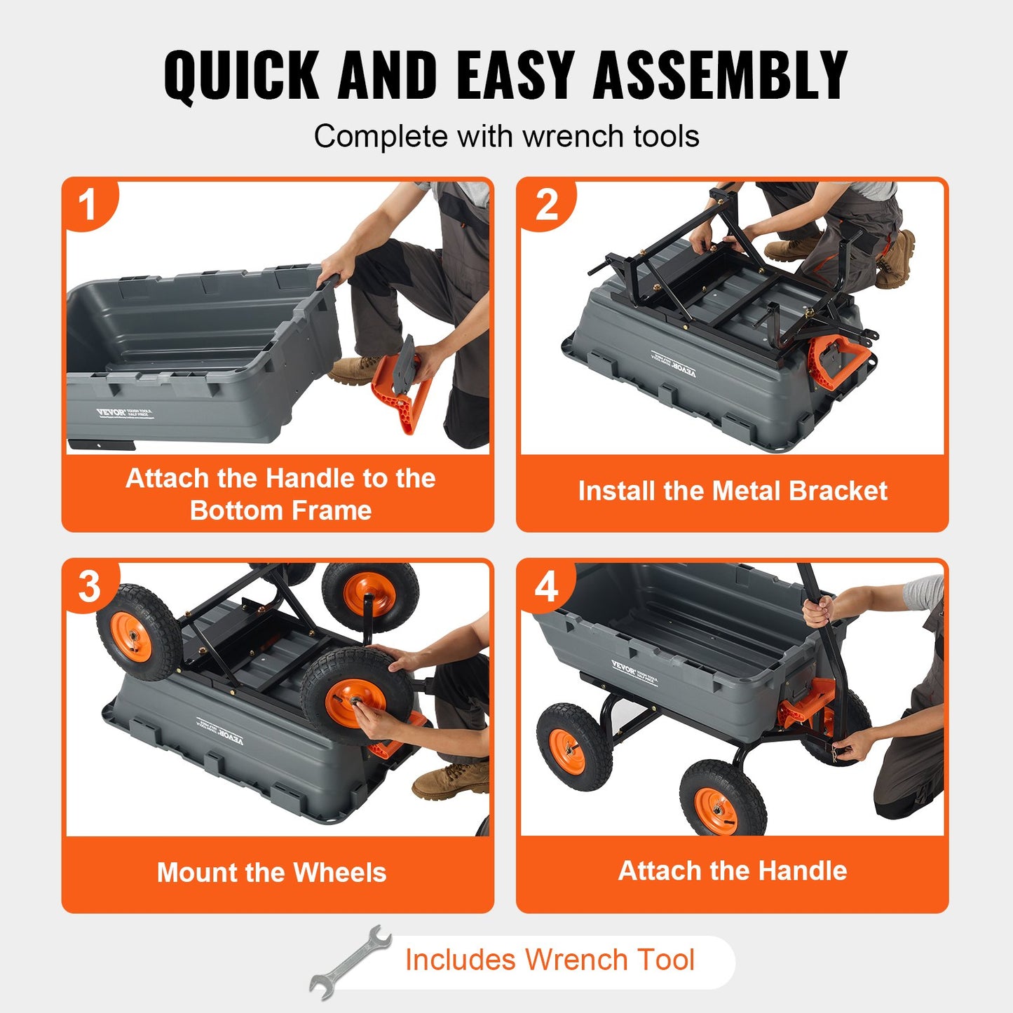 VEVOR Dump Cart, Poly Garden Dump Cart with Easy to Assemble Steel Frame, Dump Wagon with 2-in-1 Convertible Handle, Utility Wheelbarrow 544kg/ 1200lbs Capacity, 33cm/ 13 inch Tires