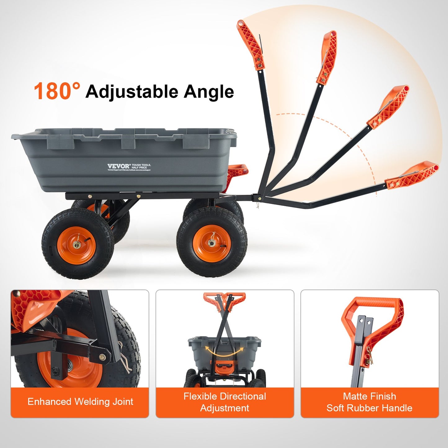 VEVOR Dump Cart, Poly Garden Dump Cart with Easy to Assemble Steel Frame, Dump Wagon with 2-in-1 Convertible Handle, Utility Wheelbarrow 544kg/ 1200lbs Capacity, 33cm/ 13 inch Tires