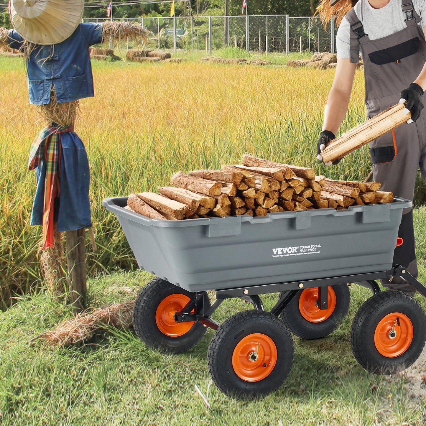 VEVOR Dump Cart, Poly Garden Dump Cart with Easy to Assemble Steel Frame, Dump Wagon with 2-in-1 Convertible Handle, Utility Wheelbarrow 544kg/ 1200lbs Capacity, 33cm/ 13 inch Tires
