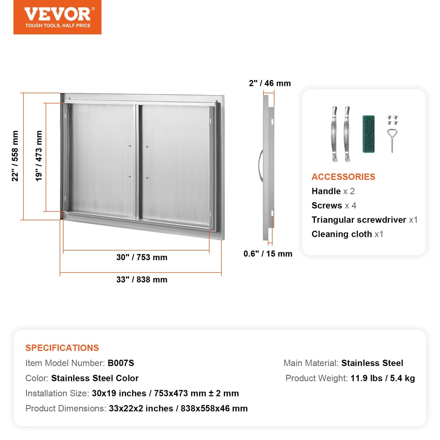 VEVOR BBQ Access Door, 838x558 mm Double Outdoor Kitchen Door, Stainless Steel Flush Mount Door, Wall Vertical Door with Handles, for BBQ Island, Grilling Station, Outside Cabinet