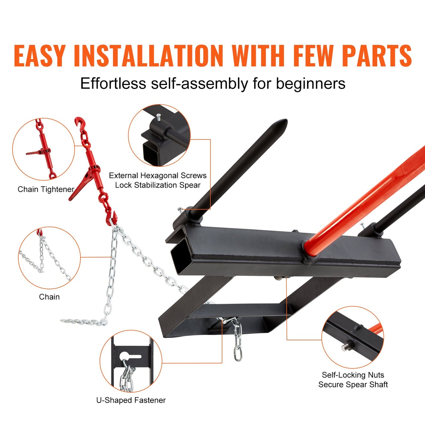 VEVOR 39" Hay Spear, Bale Spears 726kg Loading Capacity, Skid Steer Loader Tractor Bucket Attachment with 2pcs 17.5" Stabilizer Spears and 60" Chain, Quick Attach Spike Forks