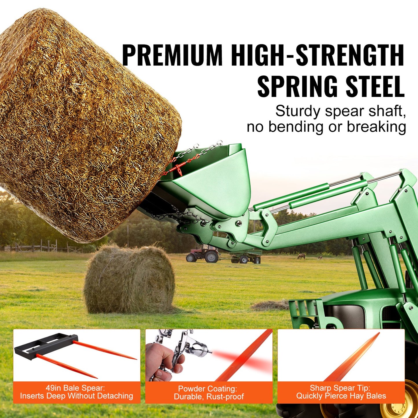 VEVOR 49" Hay Spear, Bale Spears 1360kg Loading Capacity, Skid Steer Loader Tractor Bucket Attachment with 2pcs 17.5" Stabilizer Spears and 60" Chain, Quick Attach Spike Forks