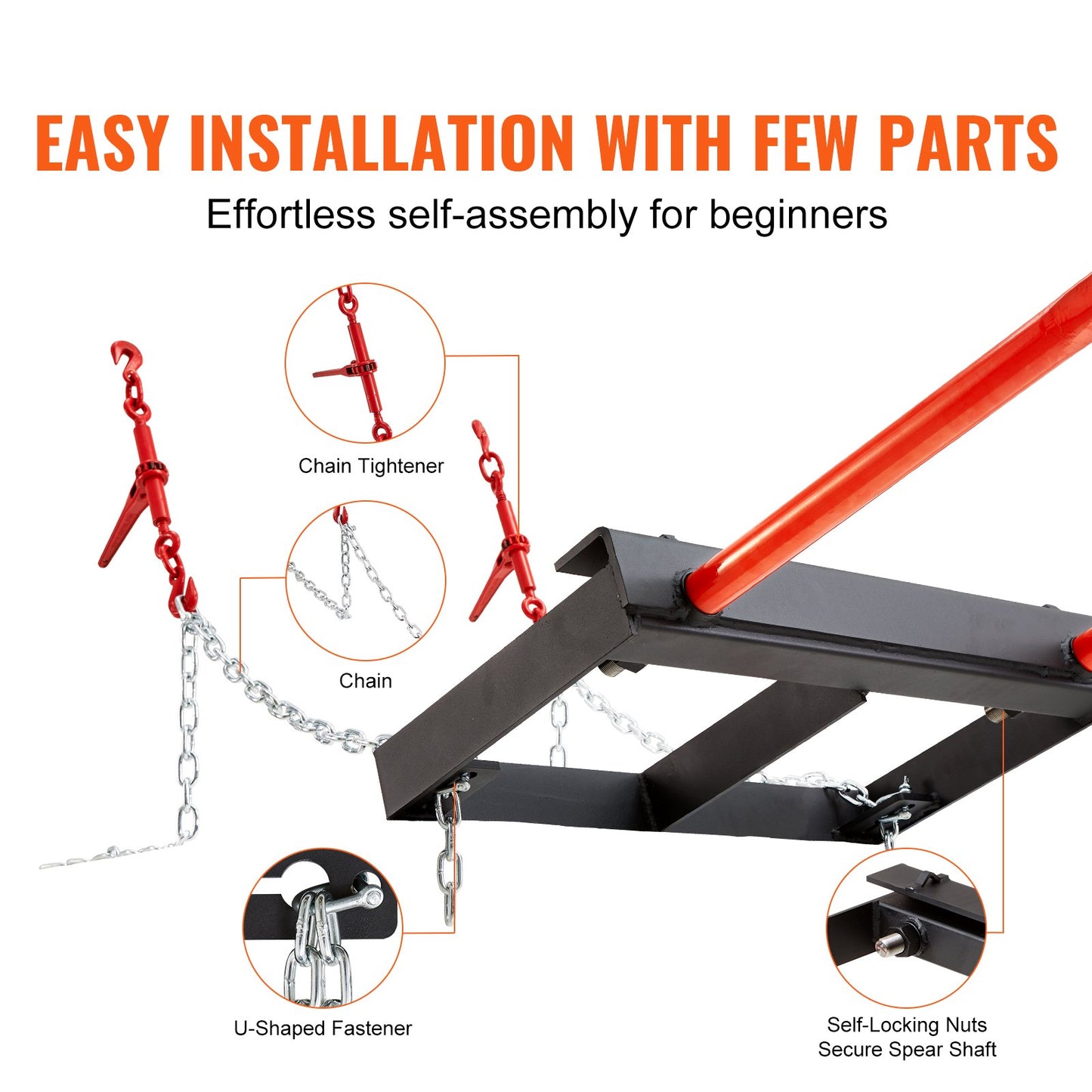 VEVOR 49" Hay Spear, Bale Spears 1360kg Loading Capacity, Skid Steer Loader Tractor Bucket Attachment with 2pcs 17.5" Stabilizer Spears and 60" Chain, Quick Attach Spike Forks