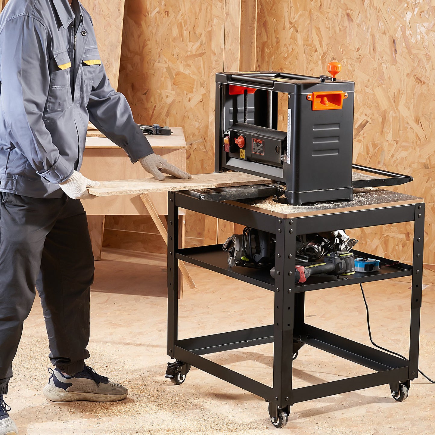VEVOR Planer Stand, 100 lbs / 45 kg heavy loads, Three-Gear Height Adjustable Thickness Planer Table,with 4 Stable Casters & Storage Space, for most planers, saws, bench-top machines, power tools