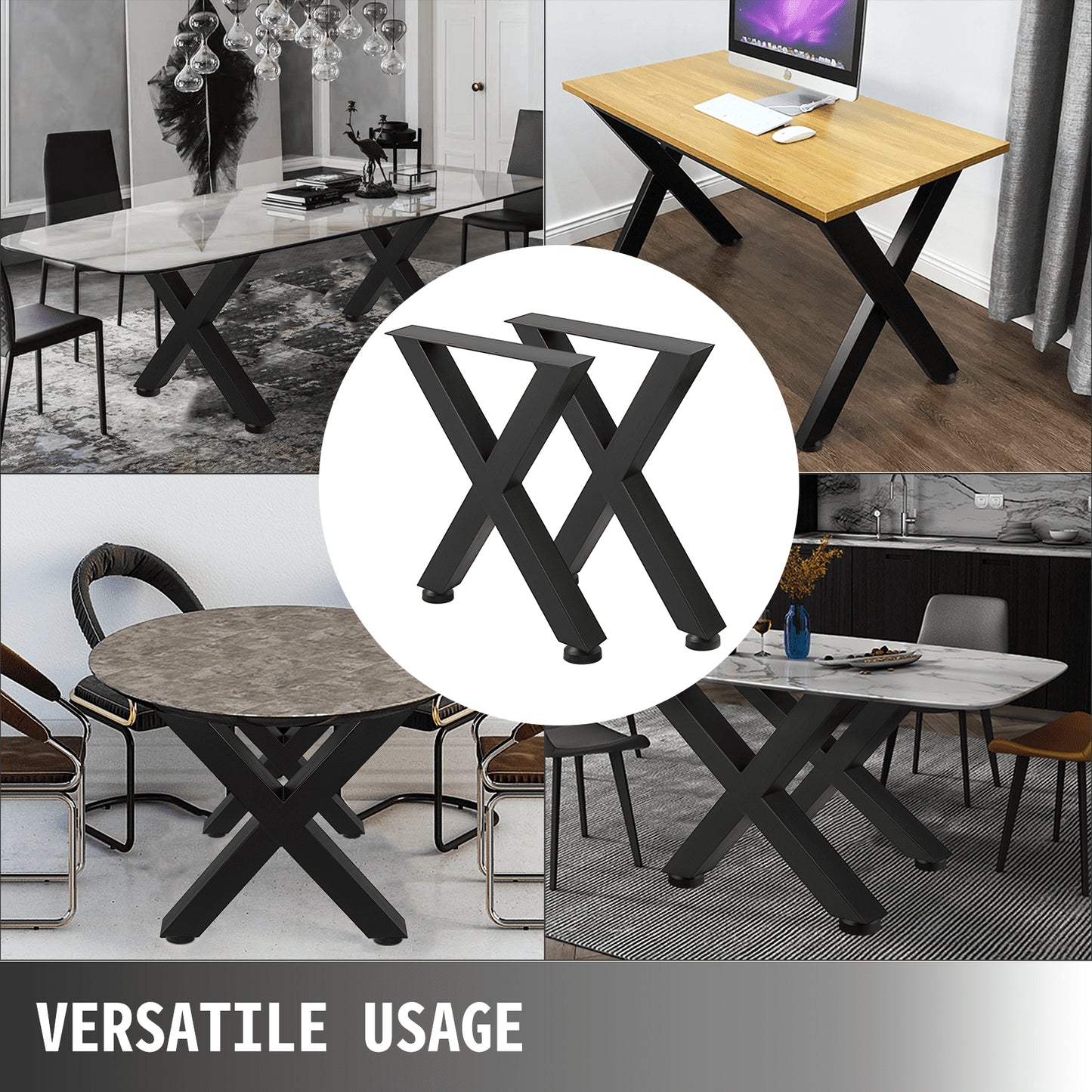 VEVOR Set of 2 Steel Table Legs, 16'Height 15'Wide Dining Table Legs, Heavy Duty 3.1" Square Box Section X Frame Table Legs, 16x15x3.1 Inch Black Color Industrial Country Style Metal Dining Legs