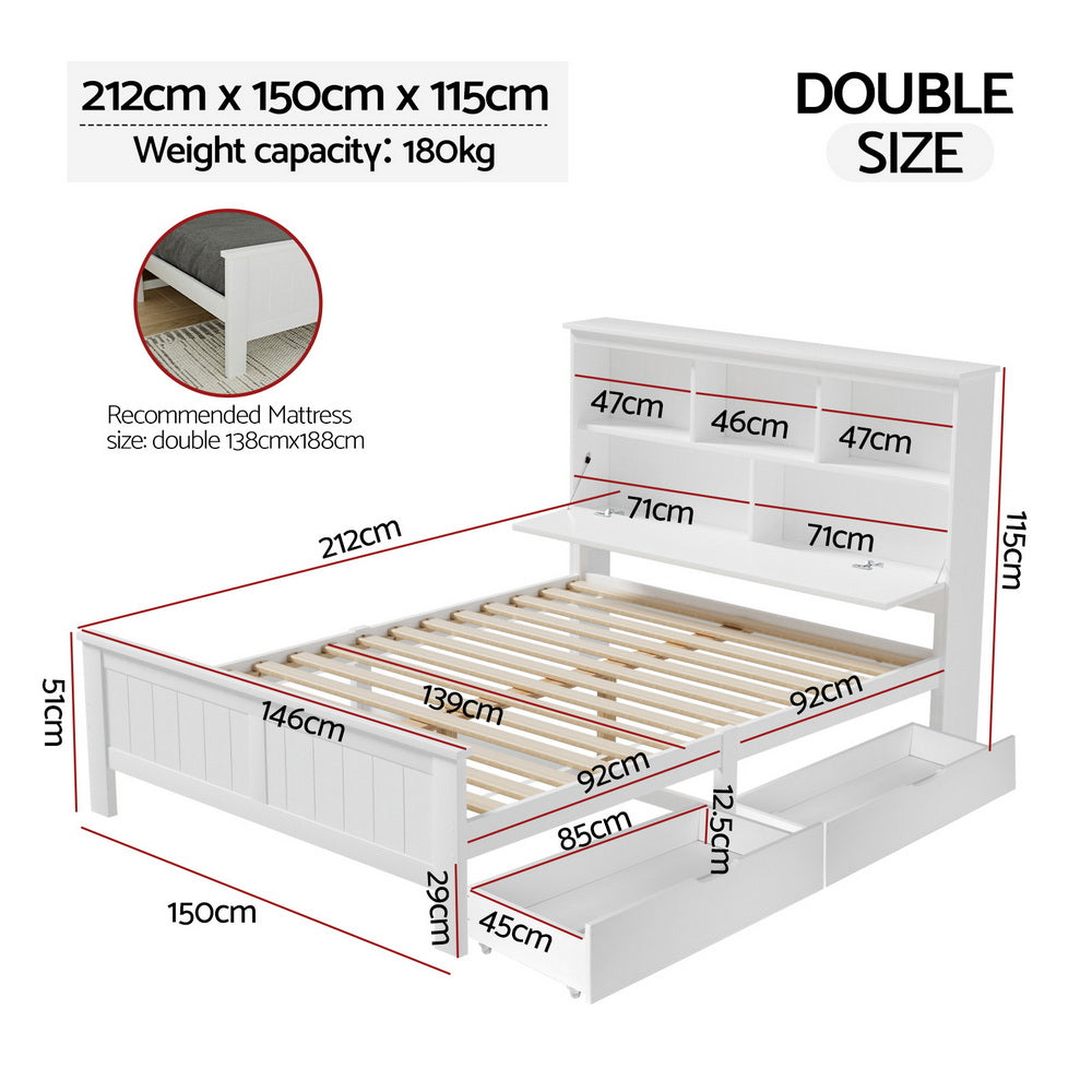 Artiss Bed Frame Double Size Wooden with 3 Shelves Bed Head White
